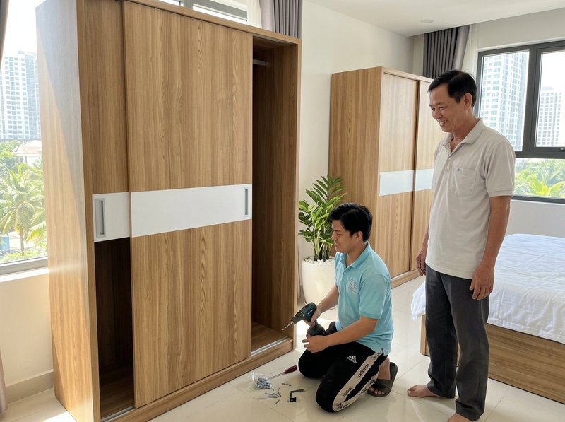 Chi tiết cửa trượt và ray nhôm của tủ áo MS 2575