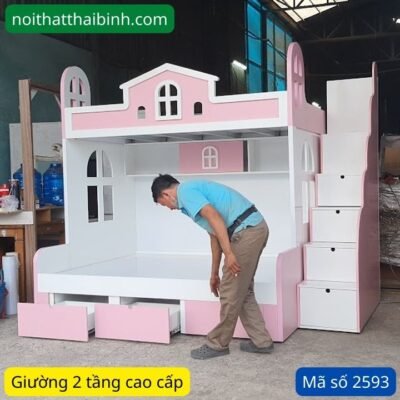 Giường 2 tầng trẻ em màu hồng MS 2593 Giường 2 tầng trẻ em màu hồng MS 2593