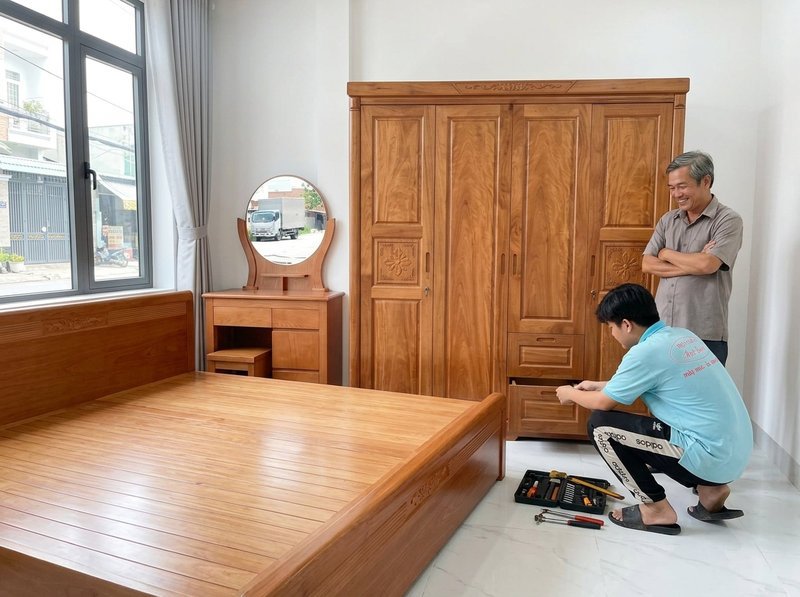 Vân gỗ xoan đào tự nhiên thớ thẳng màu ấm trên mặt tủ