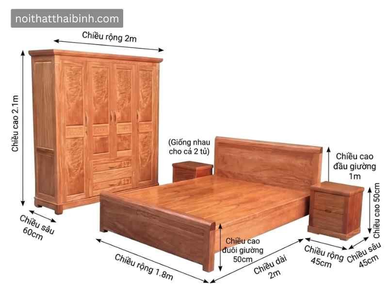 Bộ phòng ngủ gỗ tự nhiên vân Đinh Hương Kích thước bộ phòng ngủ gỗ tự nhiên vân Đinh Hương