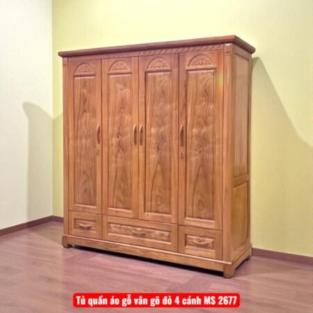 Tủ quần áo gỗ vân gõ đỏ 4 cánh
