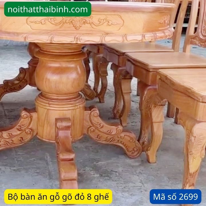 Kích thước bộ bàn ăn gỗ gõ đỏ ovan 8 ghế