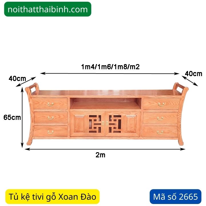 Kích thước tủ kệ tivi gỗ Xoan Đào 2m
