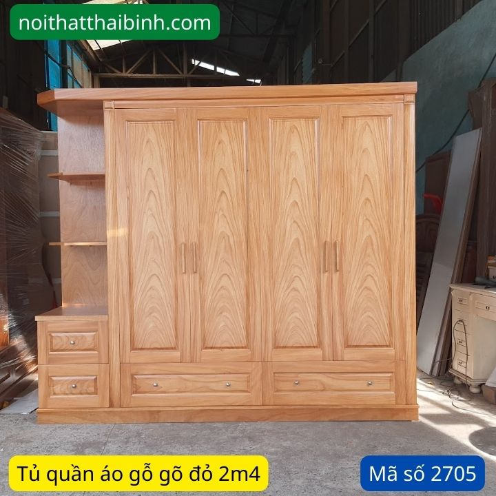 Tủ quần áo gỗ gõ đỏ 2m4 hiện đại