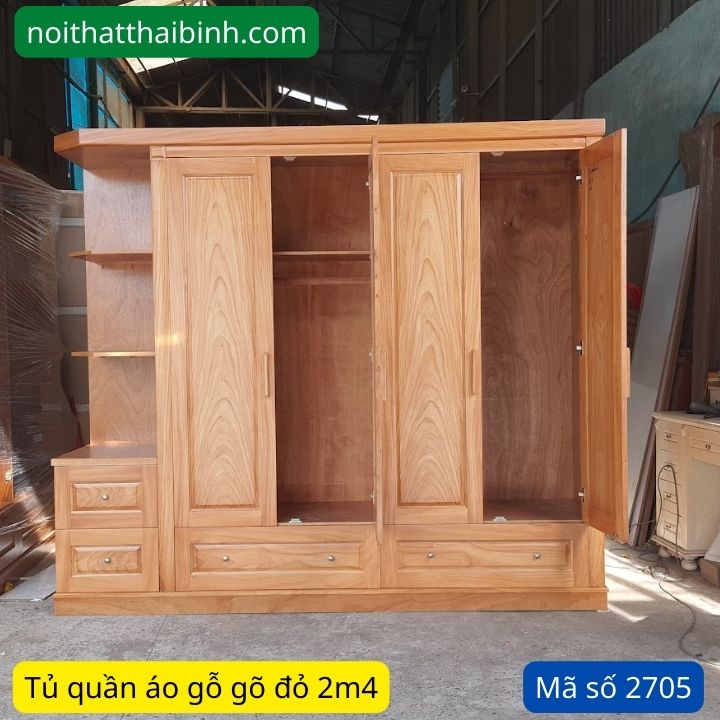 Tủ quần áo gỗ gõ đỏ 2m4 4 cửa