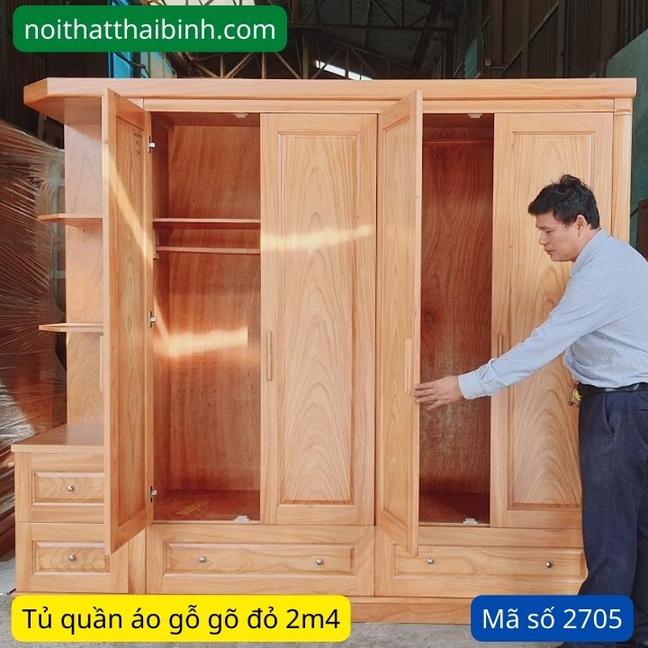 Tủ quần áo gỗ gõ đỏ 4 cánh đẹp