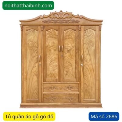 Tủ quần áo gỗ gõ đỏ 4 cánh