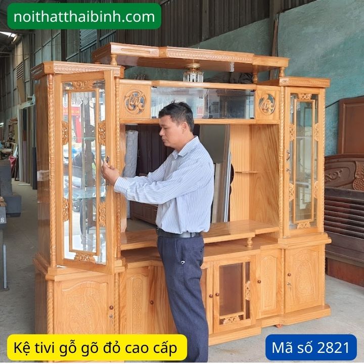 Tủ kệ tivi gỗ gõ đỏ liền tủ rượu 2m2