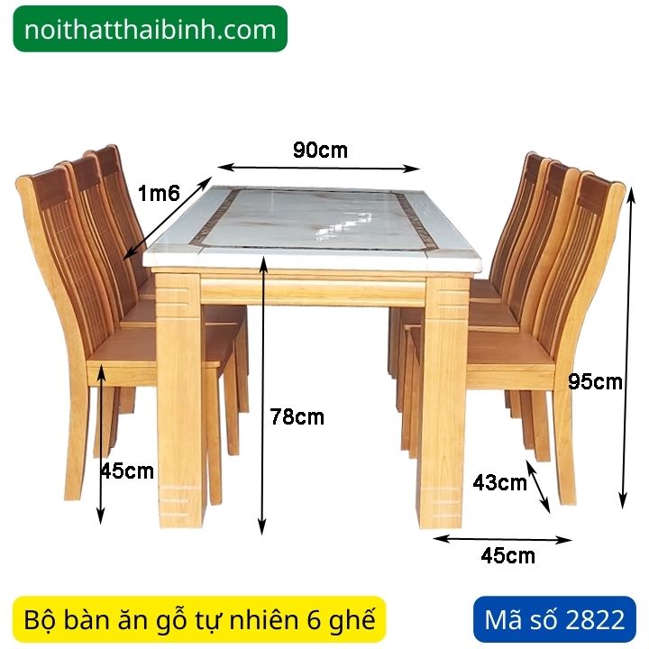 Kích thước bộ bàn ăn gỗ mặt đá 6 ghế
