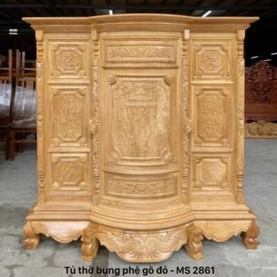 Tủ thờ bụng phệ gõ đỏ mặt chạm