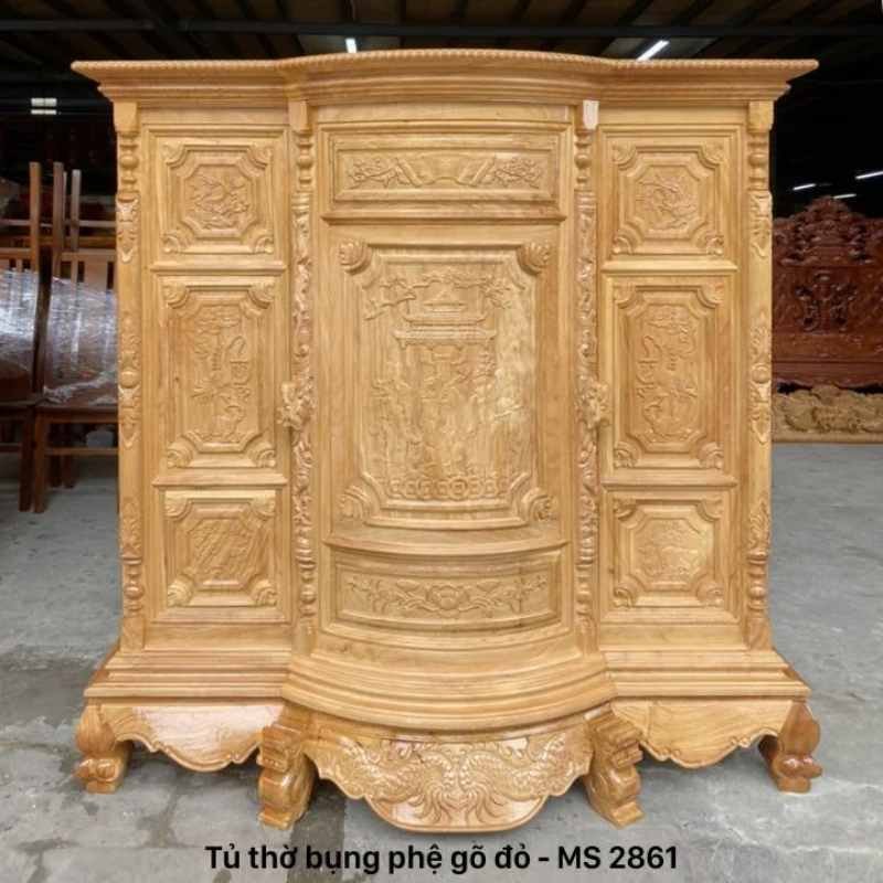 Tủ thờ bụng phệ gõ đỏ mặt chạm MS 2861 | GIAO HỎA TỐC TPHCM Tủ thờ bụng phệ gõ đỏ mặt chạm MS 2861