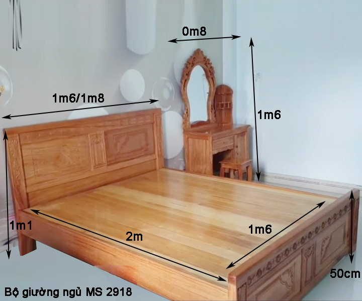 Kích thước bộ giường ngủ bàn trang điểm gỗ gõ đỏ
