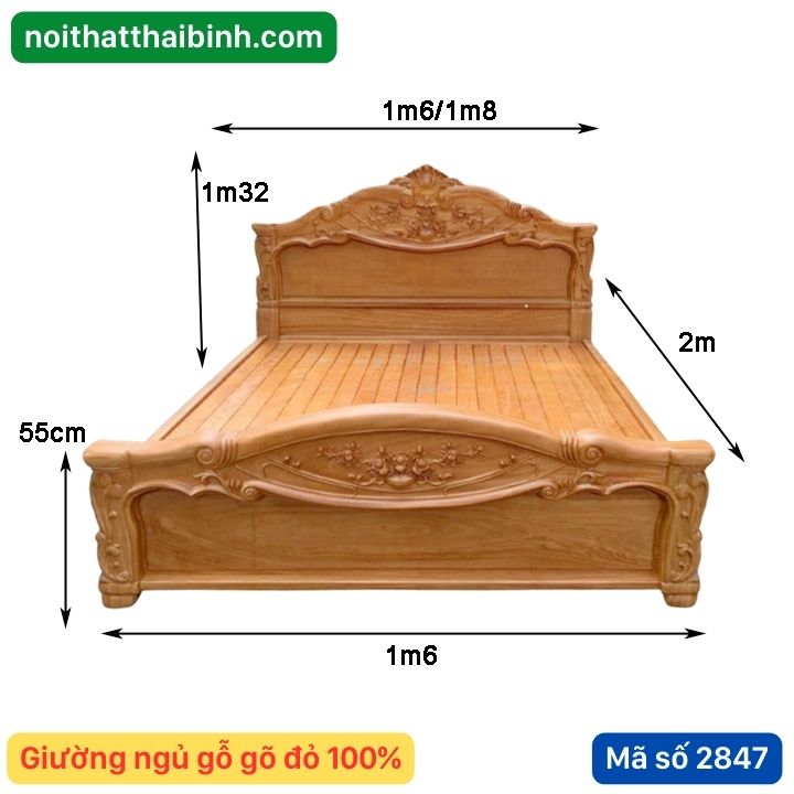Kích thước giường gõ đỏ 1m6