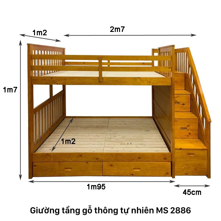 Kích thước giường tầng gỗ tự nhiên cho bé