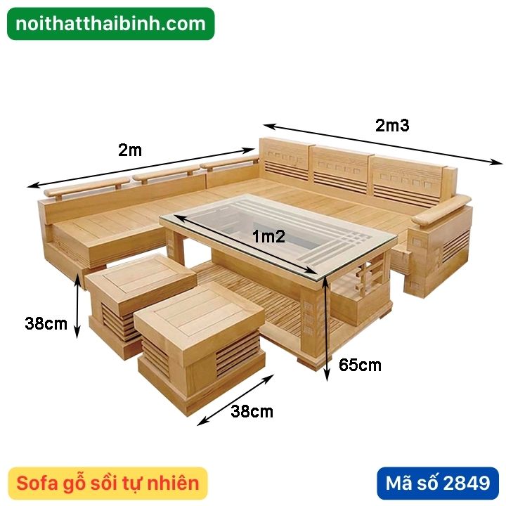 Kích thước sofa góc gỗ sồi tự nhiên