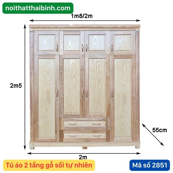 Kích thước tủ áo 2 tầng gỗ sồi tự nhiên