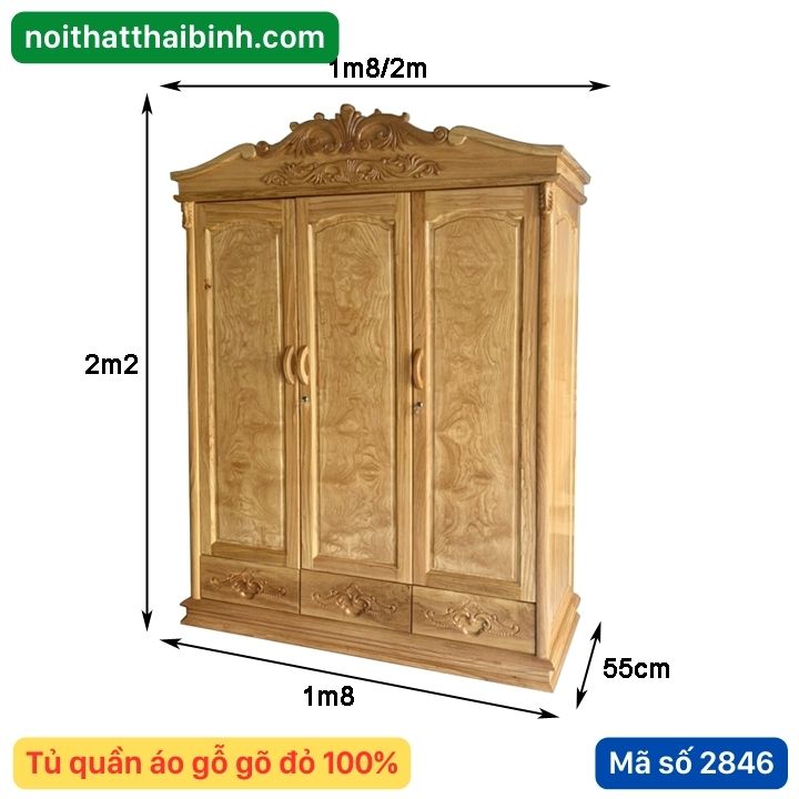 Kích thước tủ quần áo gỗ gõ đỏ 4 cánh