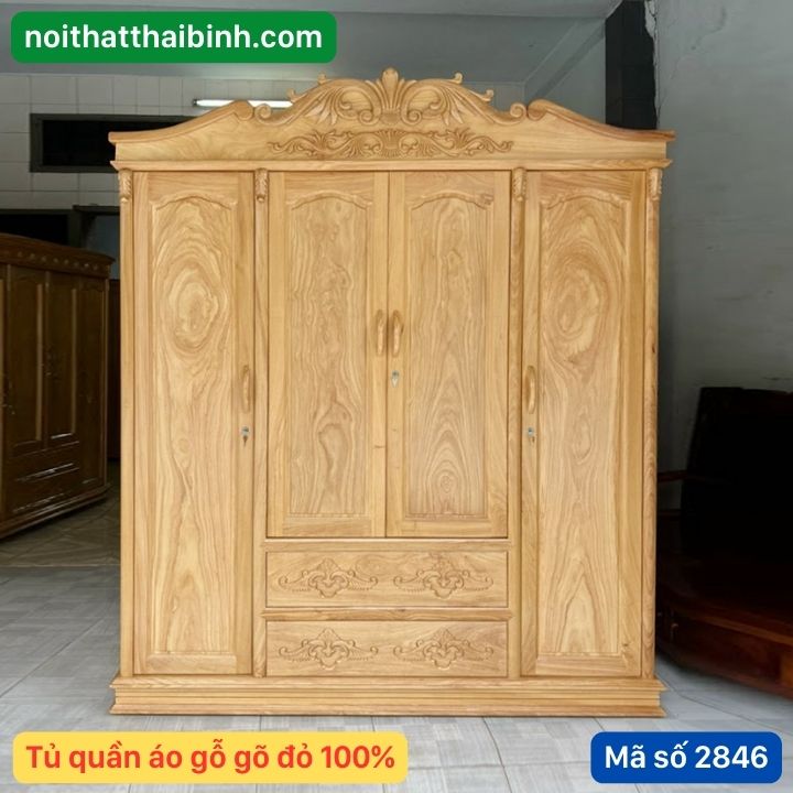 Tủ quần áo gỗ gõ đỏ 4 cánh kích thước 2m