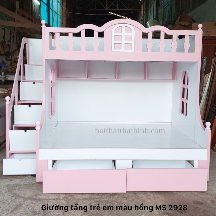 Giường tầng trẻ em màu hồng có hộc kéo
