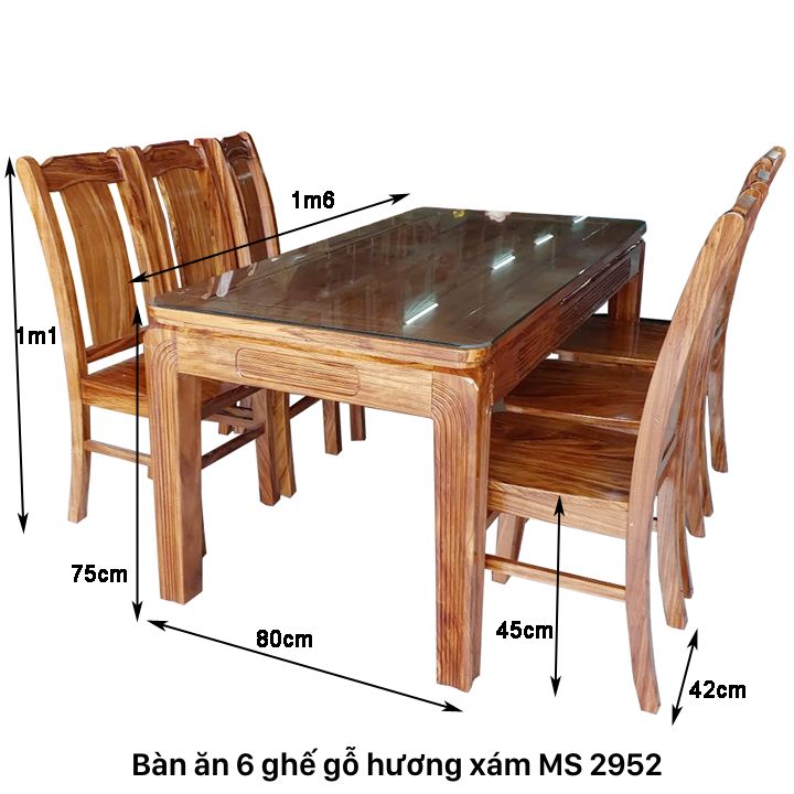 Kích thước bàn ăn 6 ghế gỗ hương xám
