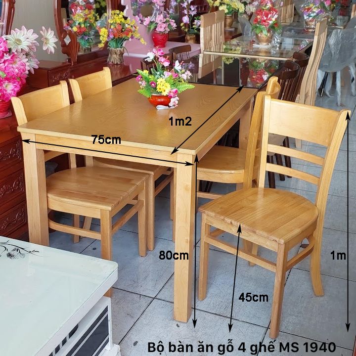 Kích thước bộ bàn ăn gỗ tự nhiên 4 ghế
