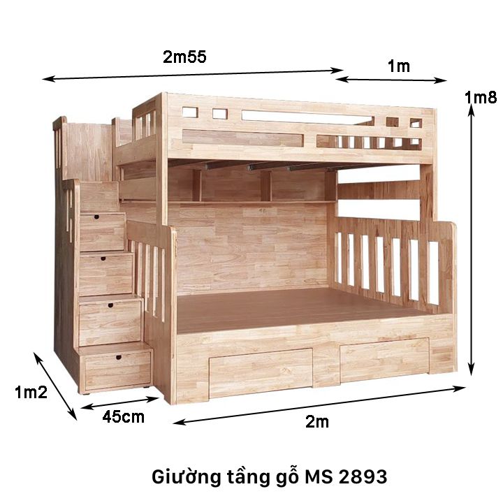 Kích thước giường tầng gỗ cao su