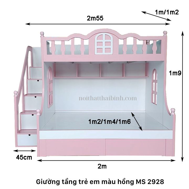 Kích thước giường tầng trẻ em màu hồng