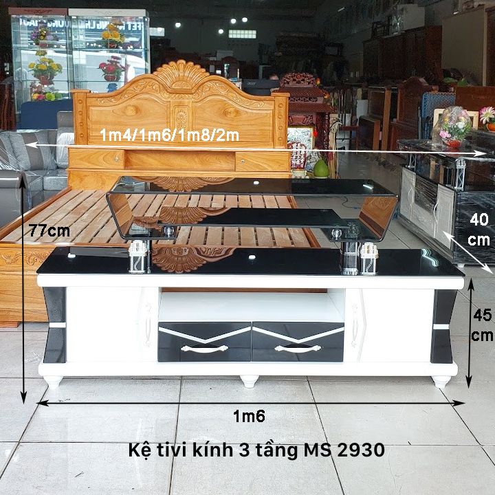 Kích thước kệ tivi kính cường lực 3 tầng