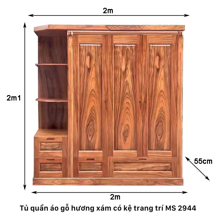 Kích thước tủ quần áo gỗ hương xám có kệ trang trí