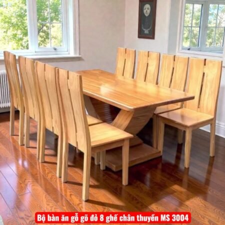 Bộ bàn ăn gỗ gõ đỏ 8 ghế chân thuyền
