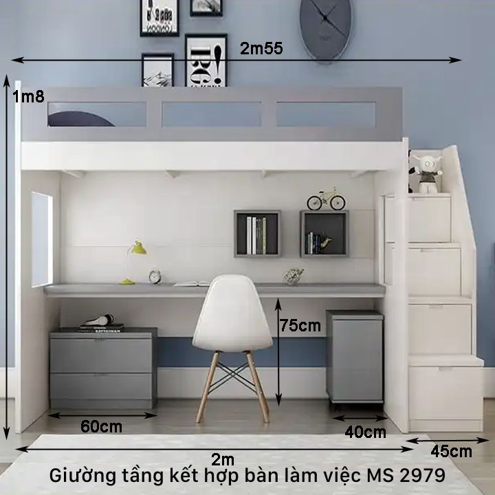 Kích thước giường tầng kết hợp bàn làm việc