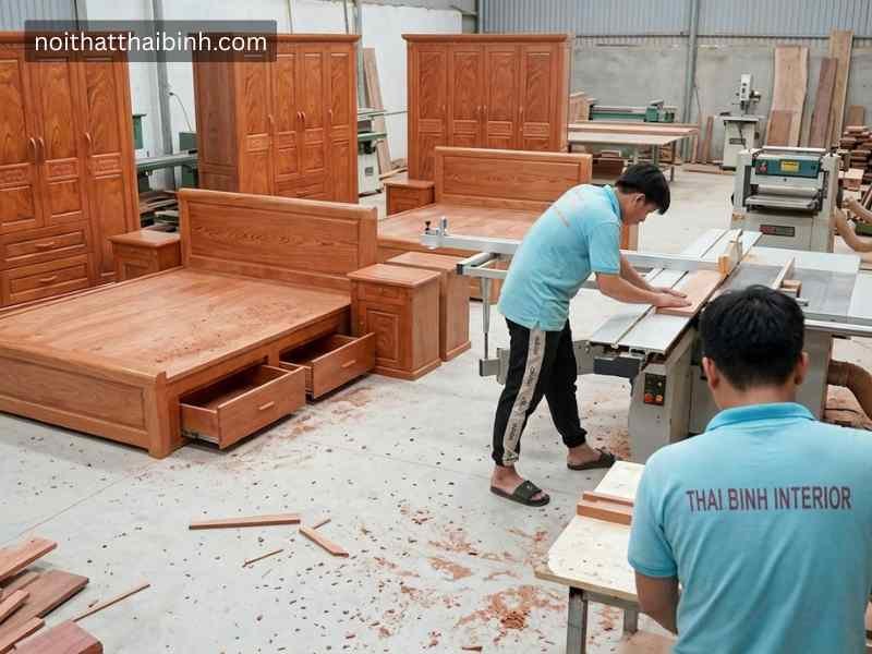 Bộ phòng ngủ gỗ tự nhiên vân hương đá tại xưởng mộc nội thất Thái Bình