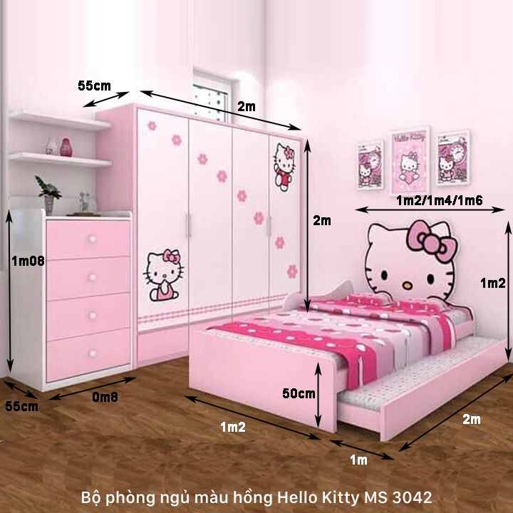 Kích thước bộ phòng ngủ màu hồng Hello Kitty