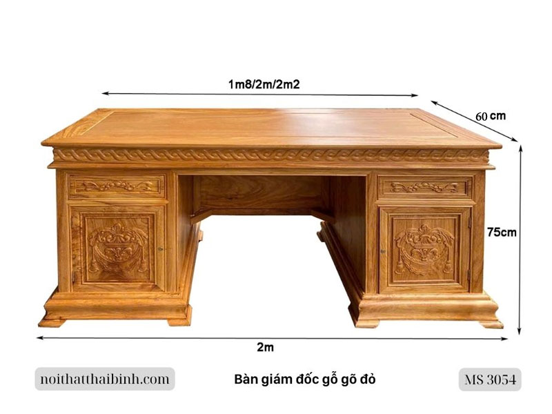 Bàn giám đốc gỗ gõ đỏ MS 3054 6 Kích thước bàn giám đốc gỗ gõ đỏ