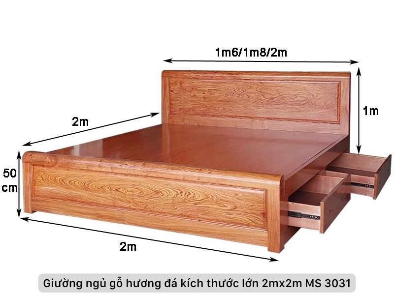Kích thước giường gỗ hương đá cỡ lớn 2m