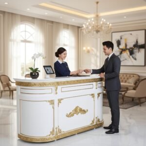 Ứng Dụng Quầy Lễ Tân Dát Vàng Trong Các Không Gian Khách Sạn và Resort Cao Cấp
