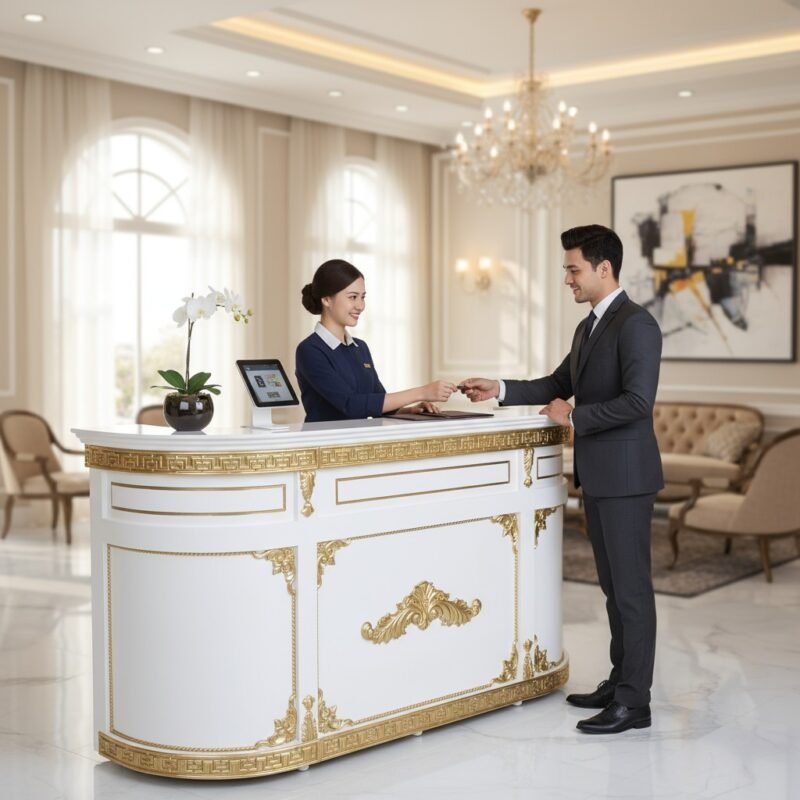 Ứng Dụng Quầy Lễ Tân Dát Vàng Trong Các Không Gian Khách Sạn và Resort Cao Cấp