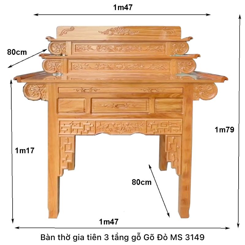 Kích thước bàn thờ 3 tầng gỗ gõ đỏ