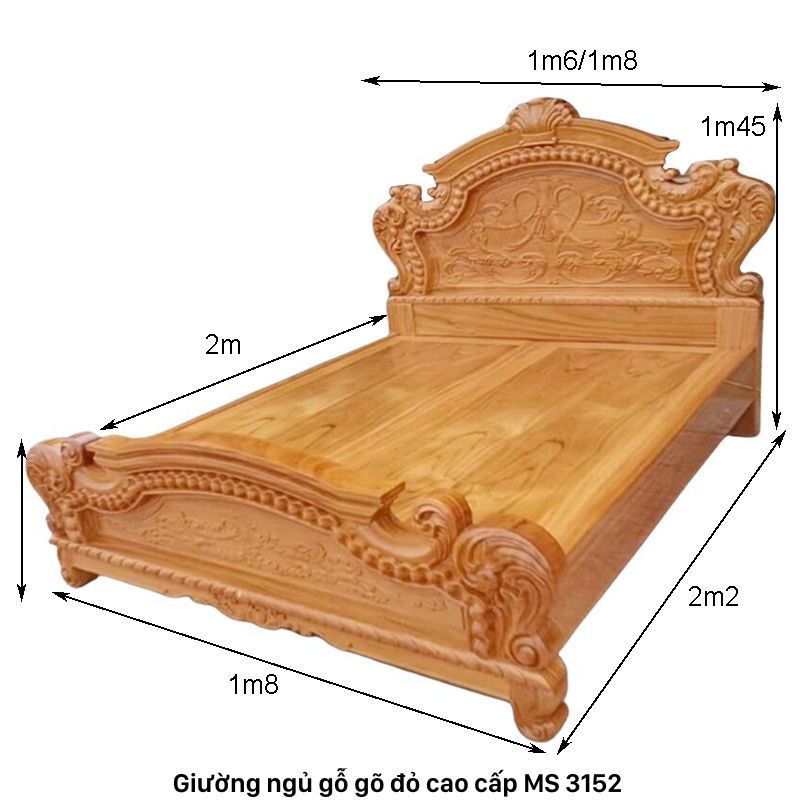 Kích thước giường gỗ gỏ đỏ cao cấp