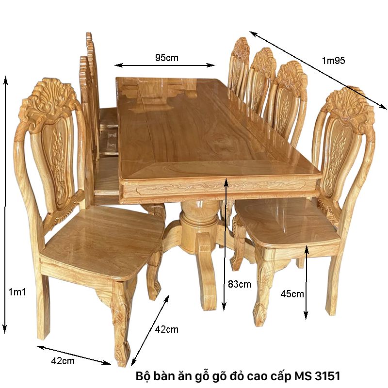 Kích thước mẫu bàn ghế ăn gỗ gõ đỏ