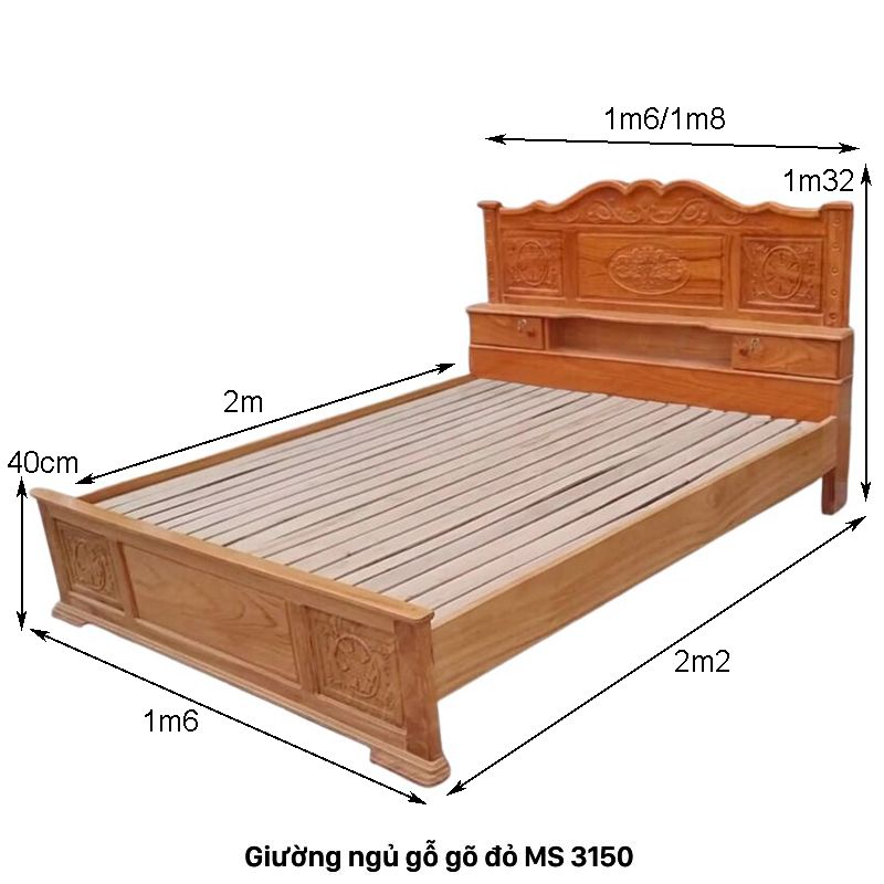 Kích thước giường gỗ gõ đỏ