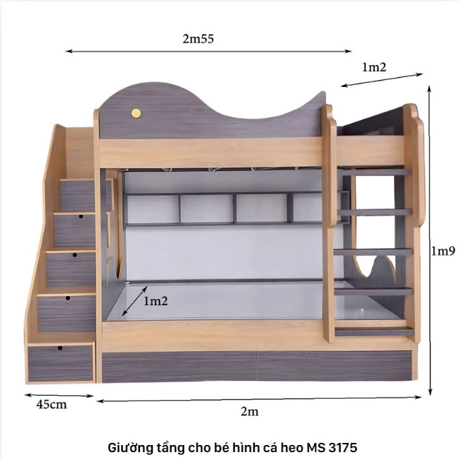 Kích thước giường tầng cho bé hình cá heo