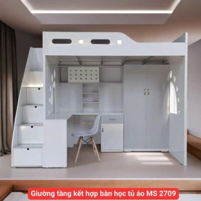 Giường tầng kết hợp bàn học tủ áo MS 2709