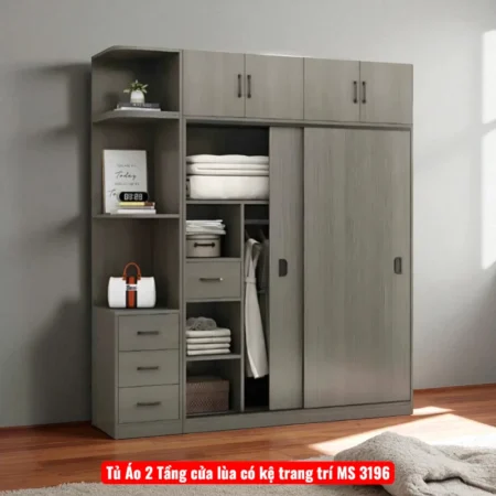 Tủ Áo 2 Tầng cửa lùa có kệ trang trí MS 3196