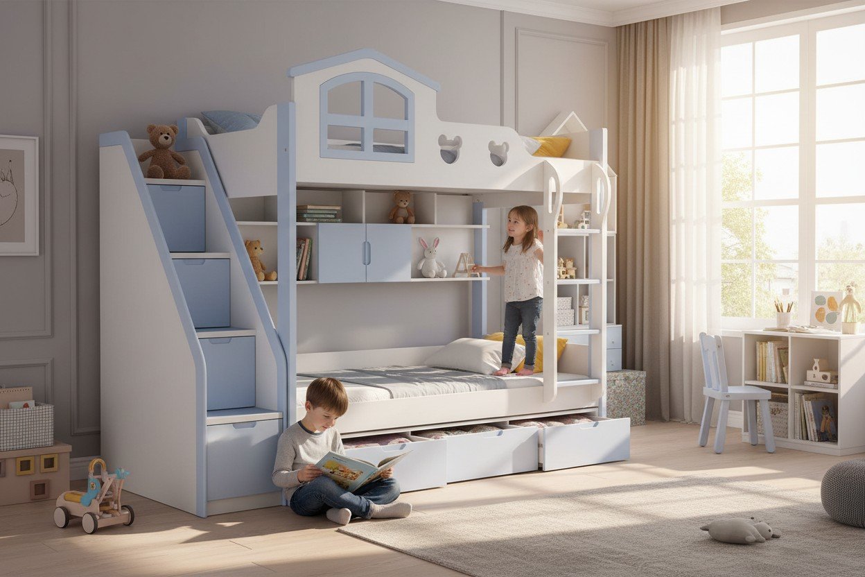 Giường tầng cho bé gái có cầu trượt và tủ quần áo tích hợp