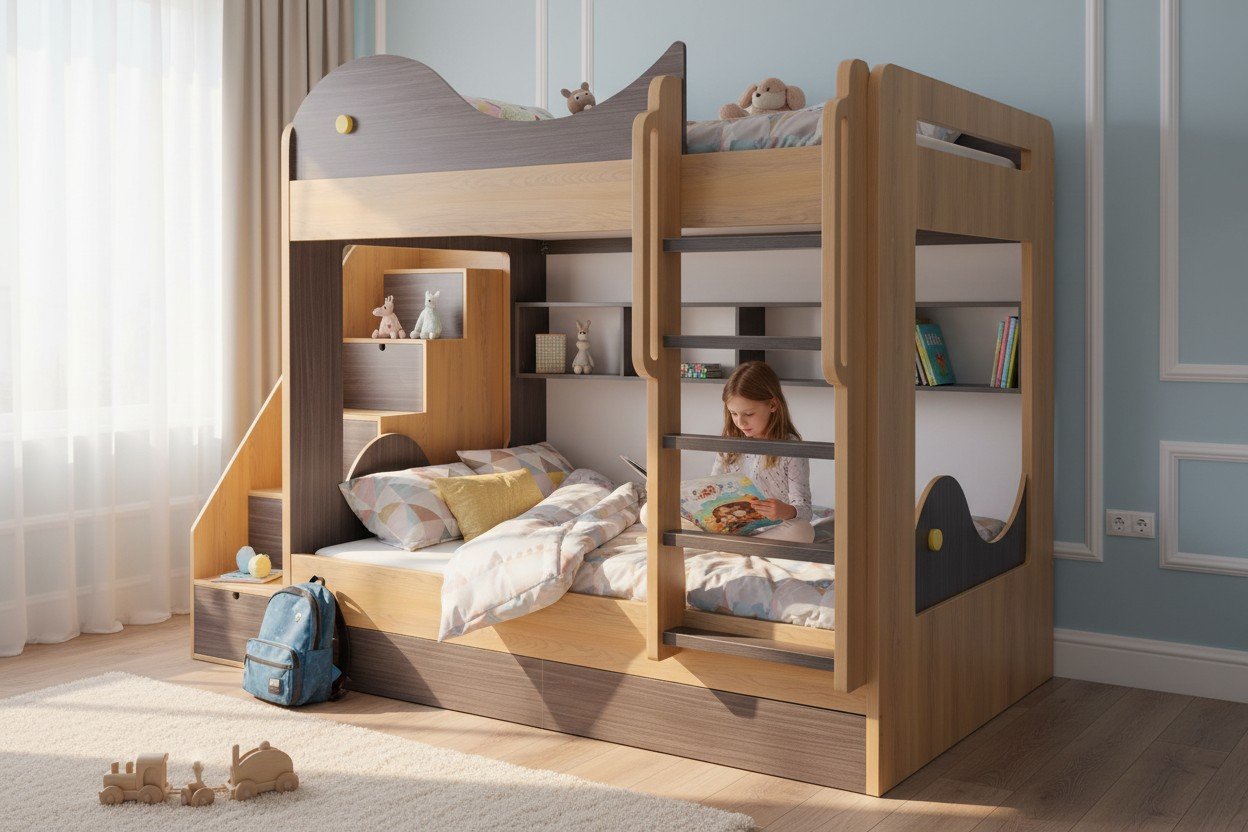 Mẫu giường tầng gỗ tự nhiên kết hợp bàn học tiết kiệm không gian
