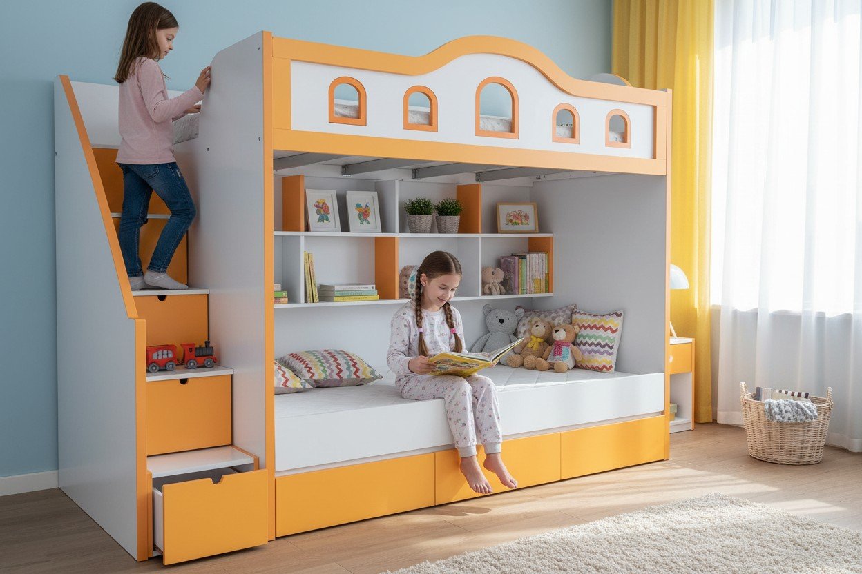 Giường tầng phòng ngủ trẻ em màu hồng pastel hiện đại 2025