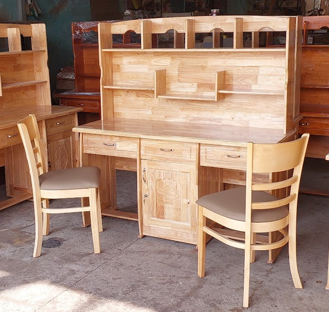 Bàn học cho 2 bé gỗ tự nhiên MS 2962 6 Bàn học cho 2 bé gỗ cao su tự nhiên 1m4 có kệ