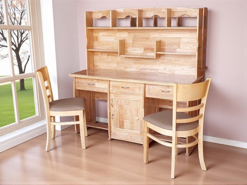 Bàn học cho 2 bé gỗ tự nhiên MS 2962 10 Bàn học sinh đôi, bàn học cho 2 bé có kệ