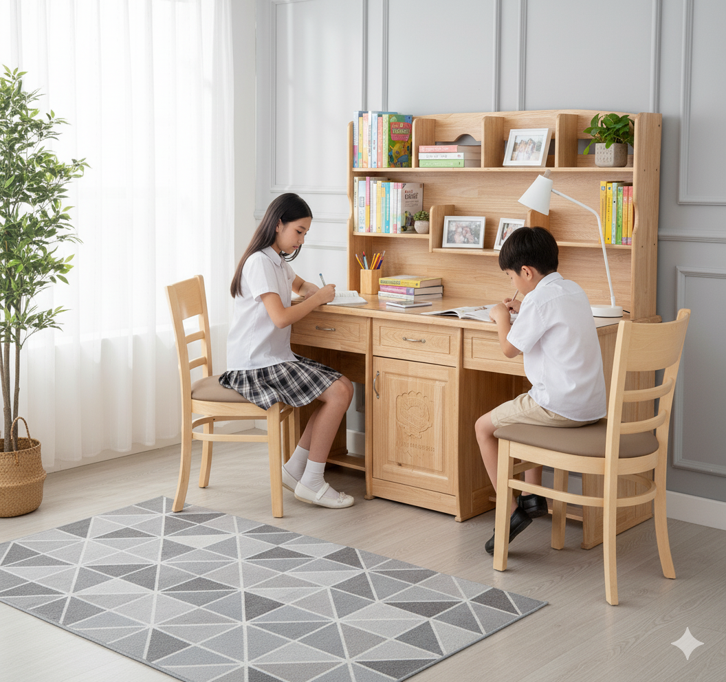 Bàn học cho 2 bé gỗ tự nhiên MS 2962 8 Bàn học sinh đôi gỗ cao su bền đẹp, giao nhanh TPHCM